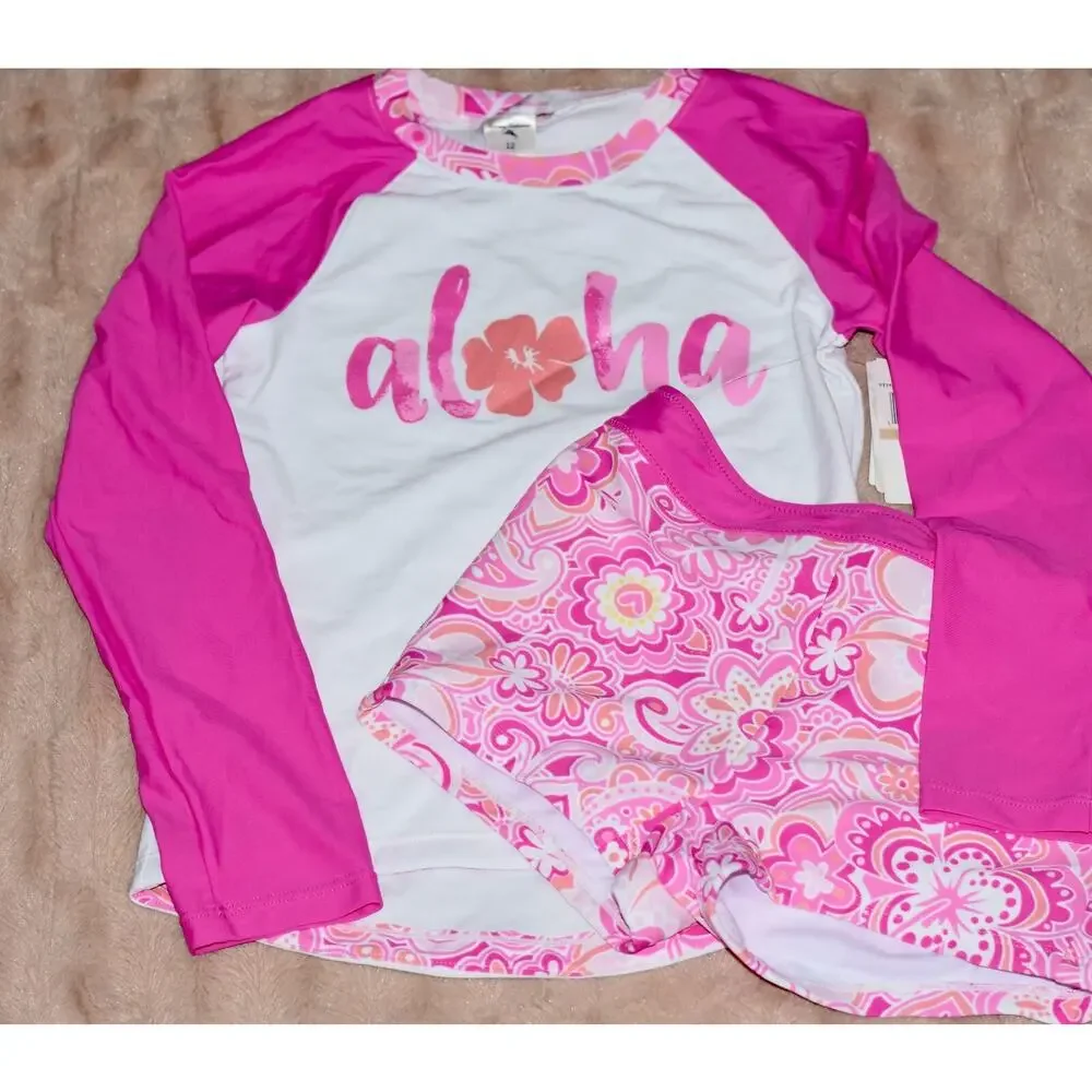 Tommy Bahama Girls Swimsuit Long Sleeve Rashguard Boy Shorts 2pc Size 12 NWT!